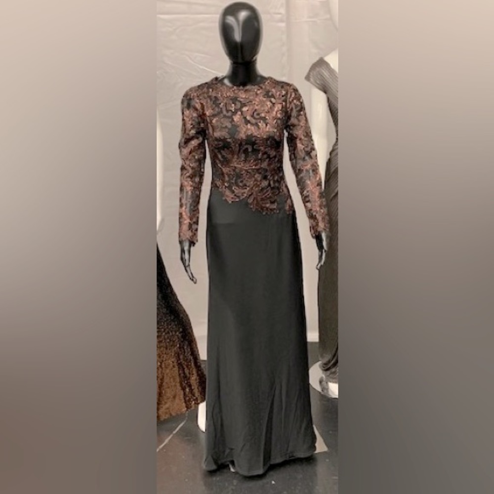 Party Long Dress. Copper & Black Sequin Bodice Sheer Lace Sleeves.NWT